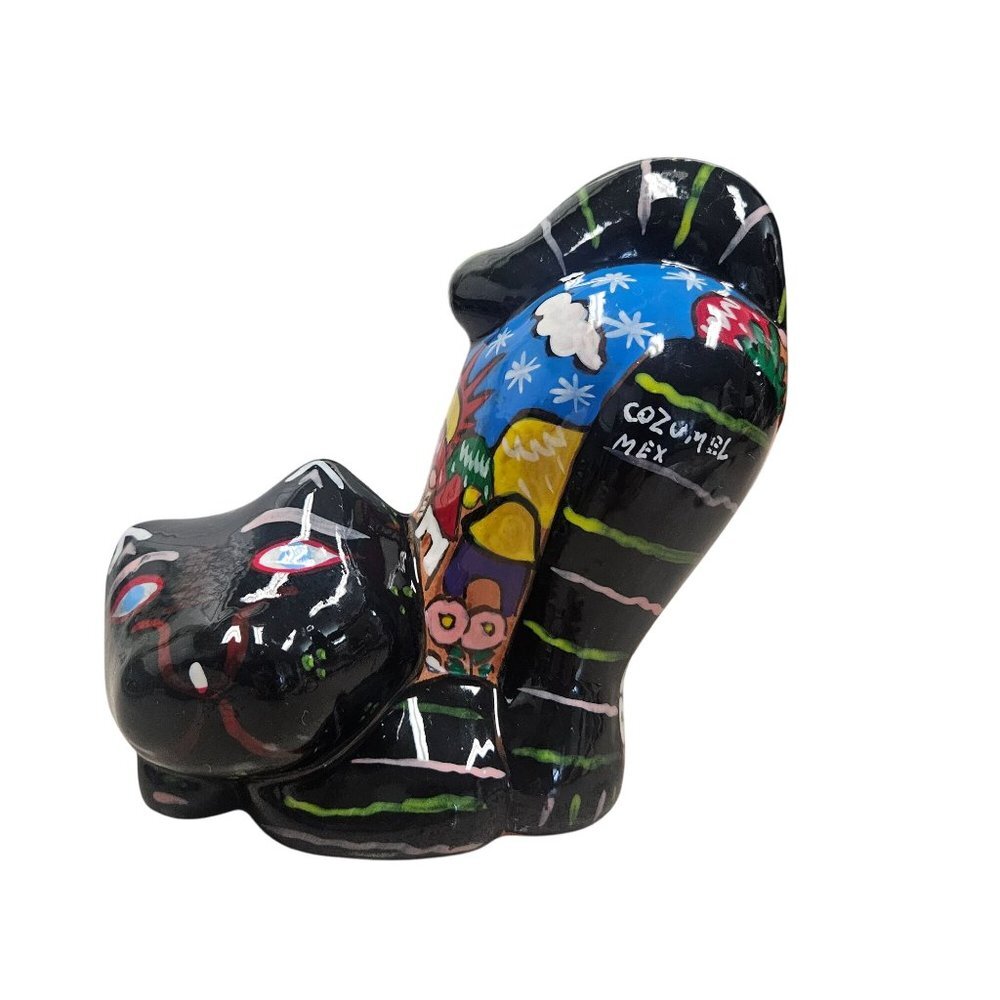 Hand-Painted Cozumel Mexico Ceramic Cat Figurine With Vibrant Colors Piggy Bank‎